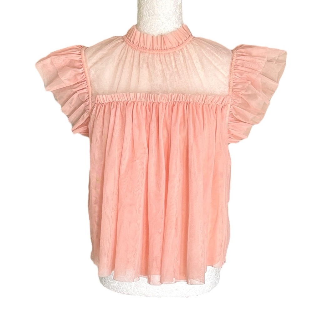 JOIE Blush Pink Tulle Mesh Layered Flutter Sleeve Ruffle Cropped Top - M